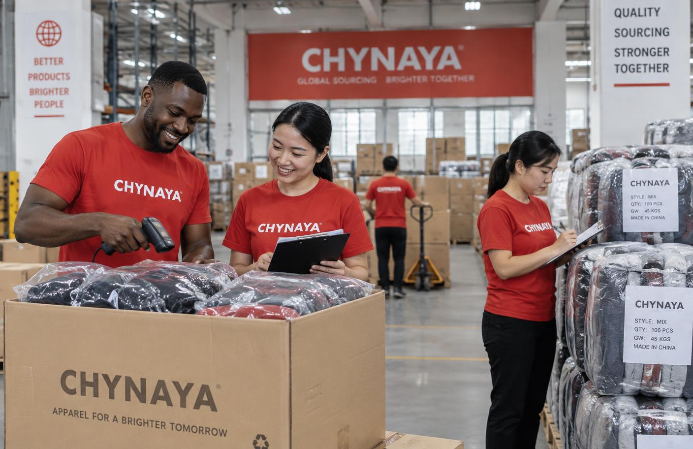L'équipe CHYNAYA en t-shirt rouge dans l'entrepôt, contrôle des ballots et cartons
